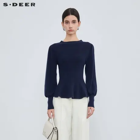sdeer圣迪奥女装复古罗纹圆领荷叶边针织衫S23483507商品大图