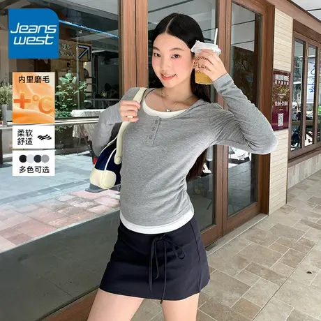 KV真维斯假两件上衣女2025新款早秋女打底衫独特漂亮正肩长袖t恤商品大图