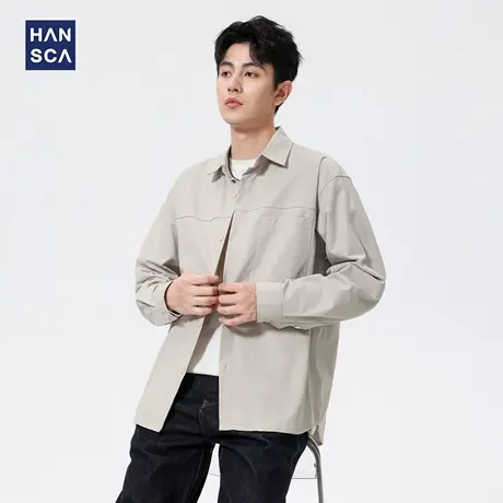 hansca休闲男衬衫长袖2025新款秋季青少年高级感痞帅立领衬衣外套商品大图