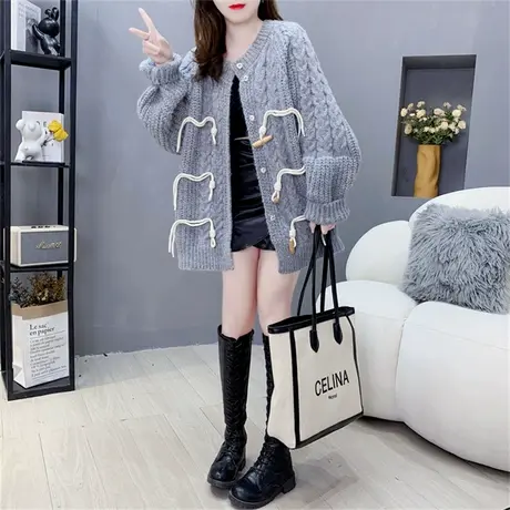 日系复古牛角扣毛衣外套女春秋新款宽松慵懒温柔风休闲针织开衫潮图片