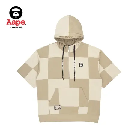 Aape旗舰店男装春夏猿颜酷帅格纹半拉链领连帽短袖T恤0898XXI图片