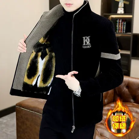 加绒加厚夹克男士秋冬季短款休闲立领毛呢大衣金貂绒夹棉保暖外套商品大图