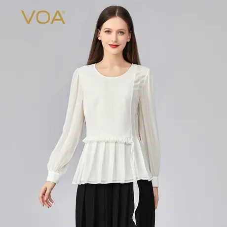 VOA重磅真丝长空圆领长袖白色拼接尖角褶皱乔其下摆桑蚕丝T恤衫商品大图