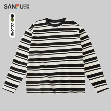 三福2024春男士撞色条纹重磅长T恤 时尚休闲宽松圆领上衣479166图片
