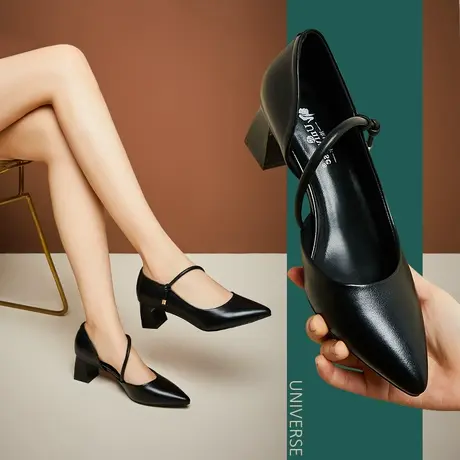 清仓单鞋春款法式粗跟中跟鞋春季新款黑色纯色休闲真皮女鞋子商品大图