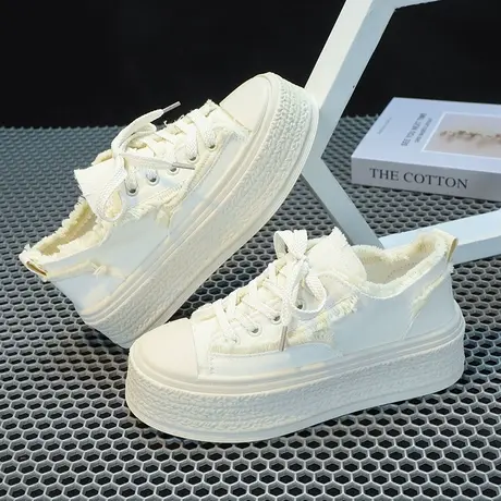 白色帆布鞋女厚底2023新款夏季小香风透气小白鞋百搭增高休闲板鞋图片