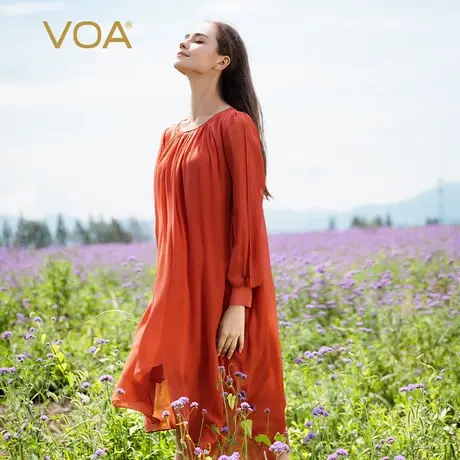 VOA番茄红双层乔其纯桑蚕丝圆领灯笼长袖宽松大码甜美真丝连衣裙图片