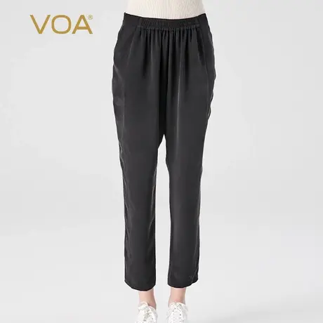 VOA30姆米重磅桑蚕丝黑色松紧腰宽松通勤风口袋百搭真丝直筒裤女商品大图