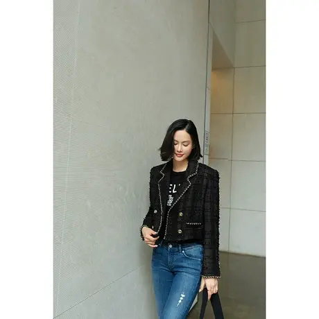 2023秋冬法式复古高级感名媛链条边双排扣粗花呢羊毛小香风短外套图片