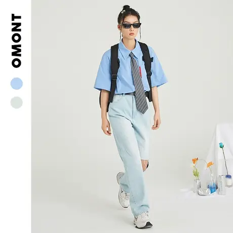 omont蛋挞家 复古撞色设计感衬衫女夏季短袖2021新款百搭休闲上衣商品大图