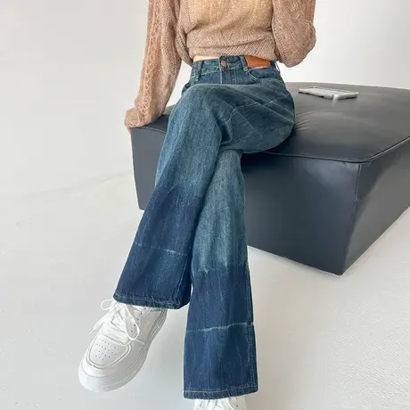 复古撞色高腰阔腿牛仔裤女春秋新款设计感宽松显瘦直筒垂感拖地裤商品大图