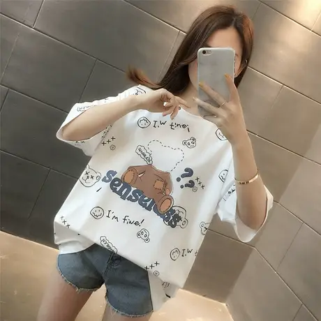 短袖t恤女夏季韩版宽松大码女装中长款百搭学生可爱小熊上衣服潮商品大图