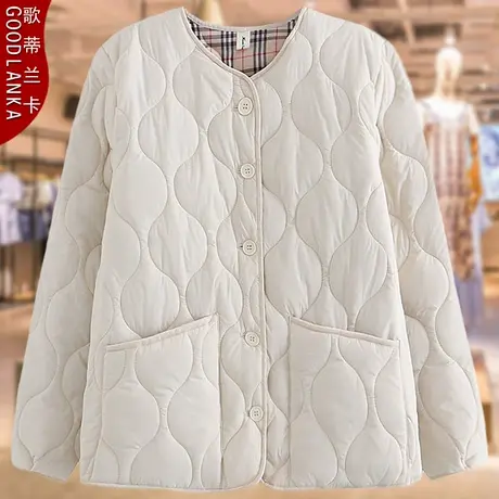 中老年轻薄羽绒棉衣女秋冬季新款妈妈装棉服加肥加大码女米色棉袄图片