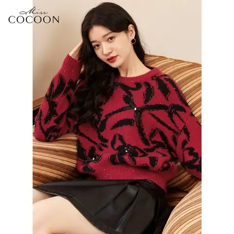 MISSCOCOON红色毛衣女2023新款春季宽松蝴蝶结设计感毛针织衫上衣商品大图