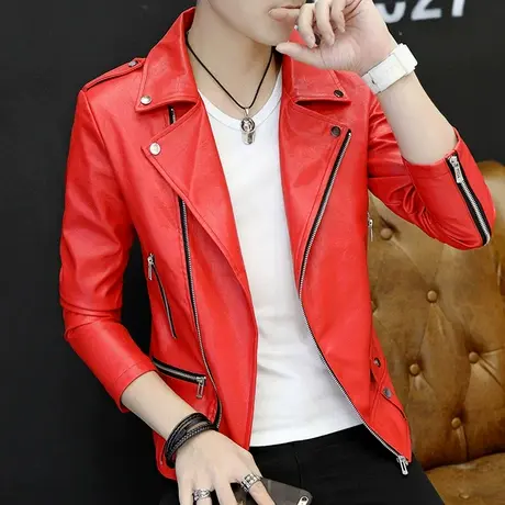 皮夹克男士个性帅气斜拉链机车服外套春秋季新款韩版潮流修身皮衣图片