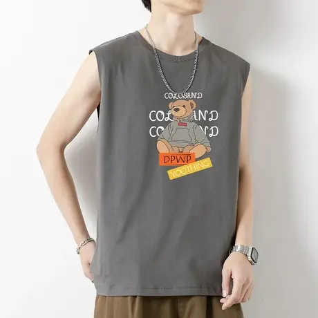 男士背心2024新款纯棉无袖t恤小熊印花运动健身坎肩夏季外穿宽肩商品大图