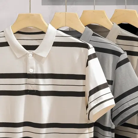翻领t恤男士短袖条纹polo衫潮牌夏季冰丝凉感保罗上衣服有领半袖商品大图