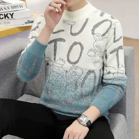 水貂绒毛衣男士春秋季半高领长袖针织打底衫加绒加厚潮流秋装线衣商品大图