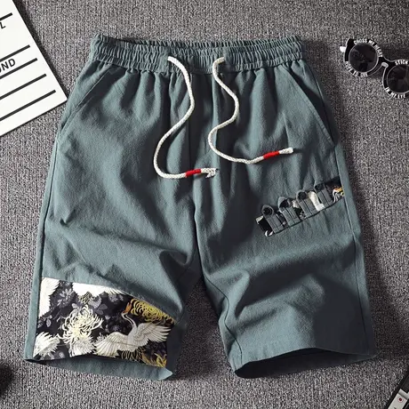 2025夏季短裤男士棉麻五分裤宽松松紧运动沙滩裤中国风5分中裤男商品大图