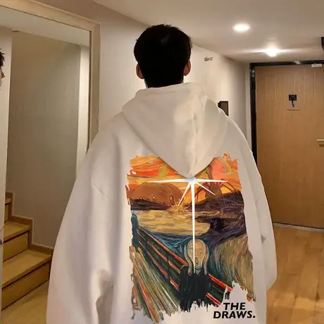 连帽卫衣男ins潮牌慵懒风宽松春秋套头上衣港风彩绘印花休闲外套商品大图