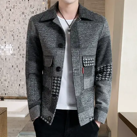 毛呢外套男短款韩版潮流春秋季呢子大衣男士秋装上衣服冬季夹克厚图片