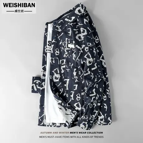 潮牌港风ins高级感牛仔衬衫男春秋季设计感小众提花字母宽松外套图片