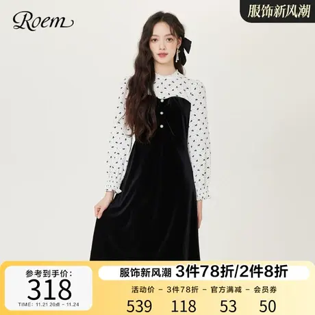 Roem秋冬复古丝绒假两件连衣裙碎花蕾丝拼接领口收腰A字型长袖裙图片