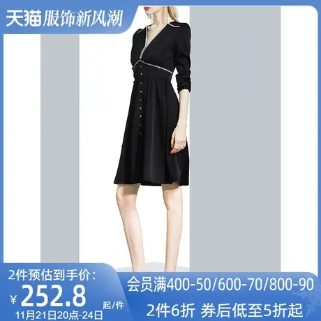 轻奢名媛气质女神范连衣裙女冬2023新款轻熟风黑色泡泡袖V领裙子图片
