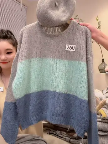 韩系拼色条纹套头毛衣女2023秋装新款慵懒风宽松显瘦短款针织衫洋商品大图