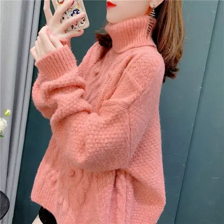 设计感小球麻花高领毛衣女加厚秋冬2021新款宽松慵懒风粗毛线外套图片