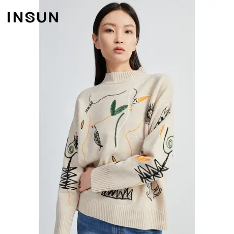 INSUN恩裳线上专选秋季刺绣美丽诺羊毛毛针织衫商品大图