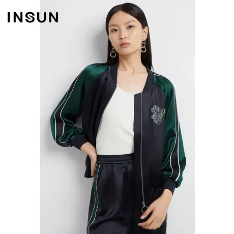 INSUN恩裳奥莱2023春季醋酸休闲短款外套撞色棒球服图片