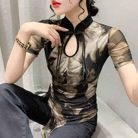 性感镂空短袖上衣女2024夏季新款复古盘扣气质T恤修身网纱小衫潮商品大图