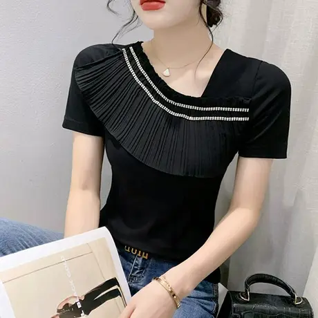 时尚木耳边网红T恤女短袖2024夏新款斜领洋气上衣设计感百搭小衫图片