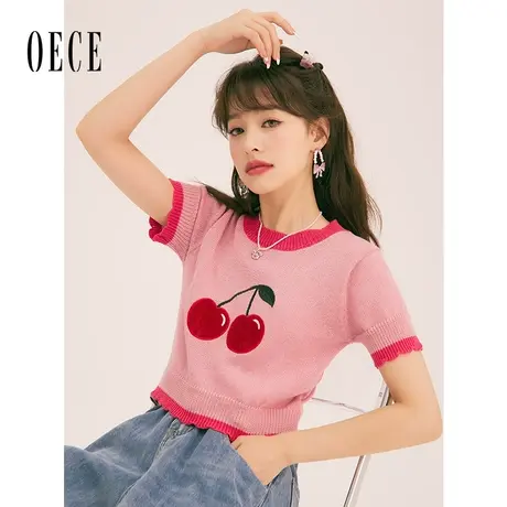 Oece轻薄针织上衣女短袖春夏新款女装小樱桃刺绣气质短款小衫图片