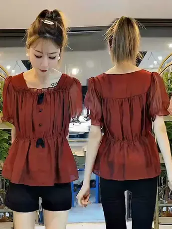 雪纺衫短袖收腰衬衫女夏蝴蝶结衬衣宽松遮肚子时尚薄款娃娃衫上衣商品大图