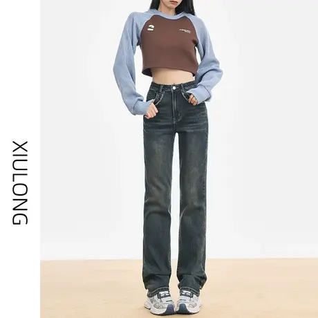 高腰窄版直筒牛仔裤女春秋季2023年新款复古毛边美式显瘦烟管裤子图片