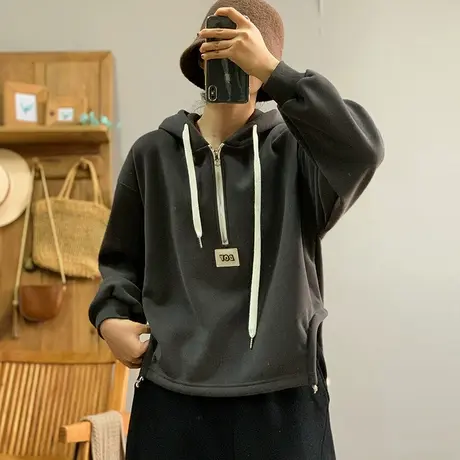 dza 复古短款开叉加厚加绒连帽卫衣外套女冬季宽松带帽不规则上衣图片