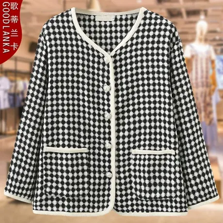 40-50岁中年妈妈格子外套时尚加肥加大码女宽松千鸟格小香风开衫图片