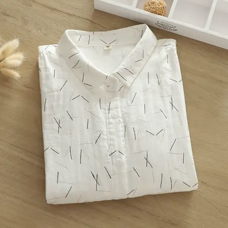 早秋韩版文艺双层棉纱长袖衬衫女休闲百搭衬衣印花白上衣外套打底图片