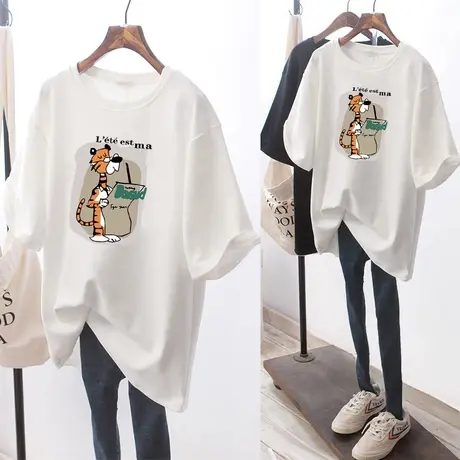 白色宽松大版中长款夏季上衣2022年新款夏装纯棉短袖t恤女上衣潮商品大图