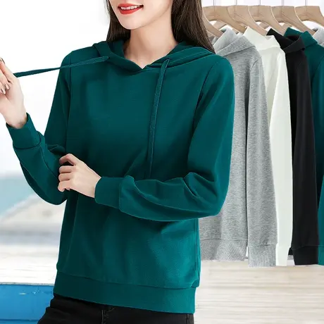 修身有连带戴帽子套头卫衣女春秋薄款棉质正肩内搭长袖t恤打底衫图片