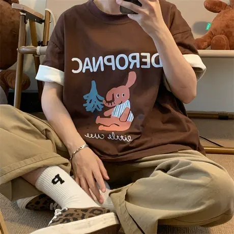 红续港风复古纯棉短袖t恤女夏宽松显瘦2023新款圆领卡通印花半袖商品大图