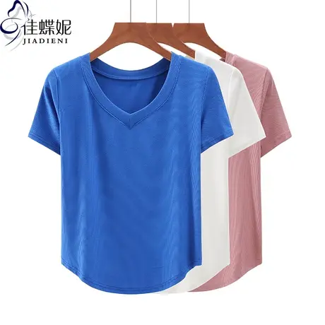 夏季新款韩版V领修身纯棉纯色燕尾纯欲短袖体恤上衣内搭女打底衫商品大图