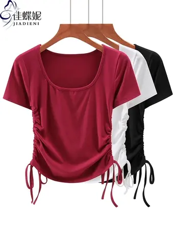 夏季新款韩版圆领修身短款抽绳纯欲纯白纯色短袖上衣内搭女T恤图片