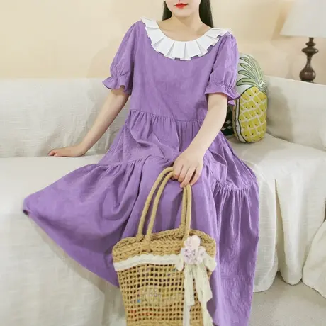 【买一送一】夏新品百褶领设计感连衣裙大码暗纹棉质短袖长裙商品大图