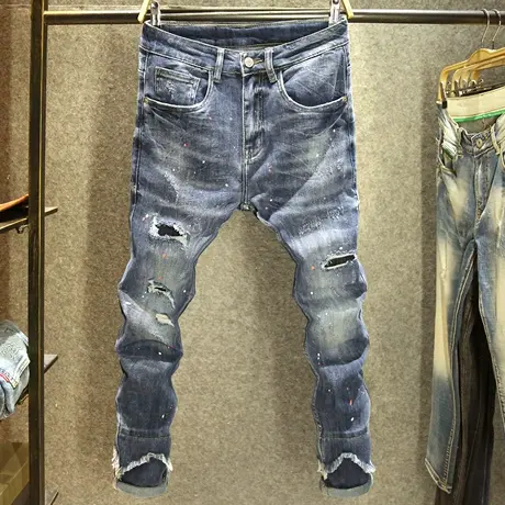 潮牌泼墨弹力牛仔裤男街头痞帅修身小脚裤秋冬款破洞补丁潮流长裤商品大图