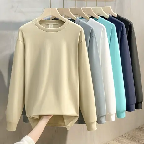 重磅长袖t恤 男纯棉厚实宽松潮纯色白色秋冬卫衣日系圆领打底衫春商品大图