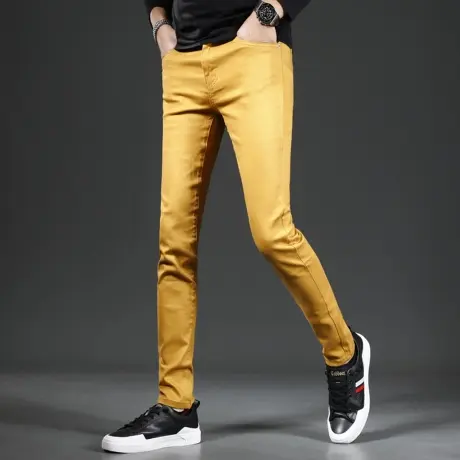黄色时尚牛仔裤男款修身小脚2023新款秋季高档潮流弹力男士休闲裤图片
