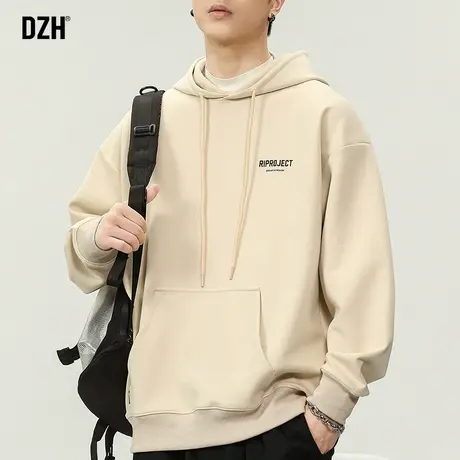 男士杏色连帽卫衣男重磅春秋2023新款宽松印花上衣高级感休闲外套图片